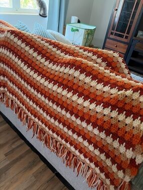 Handmade Orange & Cream Crochet Blanket - Cozy Home